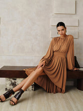 Long-Sleeve Pleated Asymmetric Midi Dress