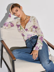 Floral Print Wrap Tie Knit Top