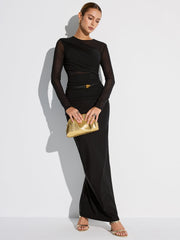 Metal Brooch Semi-Sheer Mesh Long Sleeve T-Shirt