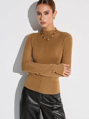 Wool Blend Mock Neck Fitted Long Sleeve Knit Top