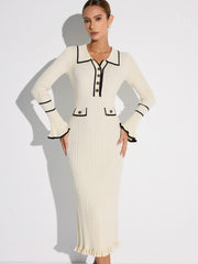 Contrast Trim Buttoned Ribbed Sweater Dress