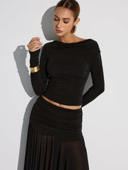 Draped Long Sleeve Top and Mesh Pleated Skirt Set
