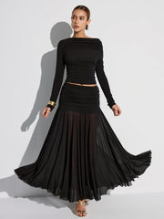 Draped Long Sleeve Top and Mesh Pleated Skirt Set