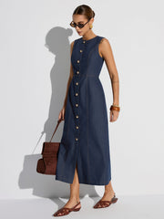 Button-Front Sleeveless Denim Maxi Dress