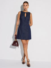 Keyhole Neckline Button Denim Mini Dress