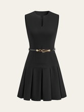 Sleeveless Keyhole-Neck Belted Pleated Mini Dress