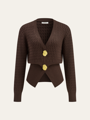 Metal Button V-Neck Cable Knit Outerwear