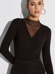 Sheer Mesh Neckline Ribbed Blouse
