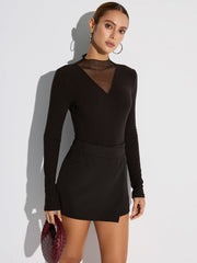 Sheer Mesh Neckline Ribbed Blouse