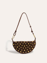 Suede Effect Studded Half-Moon Shoulder Bag