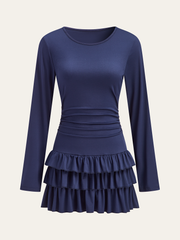 Long Sleeve Ruched Waist Layered Ruffle Dress