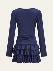 Long Sleeve Ruched Waist Layered Ruffle Dress