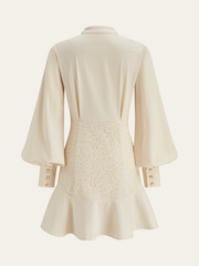 Stand Collar Button Lace Waist Dress