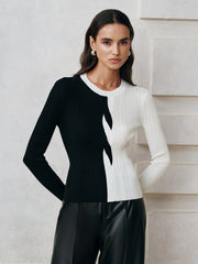 Asymmetric Color-Block Ribbed Sweater