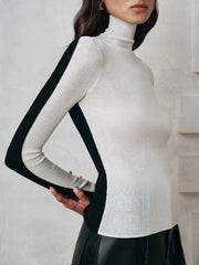 Color-Block Wool Blend Turtleneck Knit Top