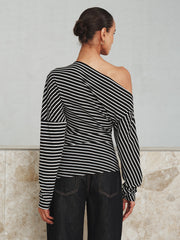 Striped Asymmetric One-Shoulder T-Shirt