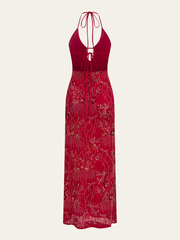 Halter Neck Sequin Embroidered Backless Maxi Dress