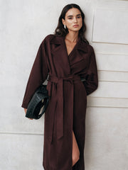 Suede Effect Belted Long Trench Coat