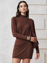 High-Neck Draped Batwing Sleeve Mini Dress