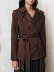 Belted Double-Breasted Suede Effect Jacket