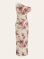 Semi-Sheer One-Shoulder Ruched Floral Print Midi Dress