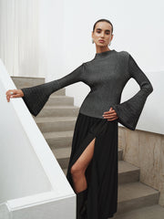 Flared Sleeve Striped Mock Neck Sweater