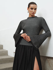 Flared Sleeve Striped Mock Neck Sweater