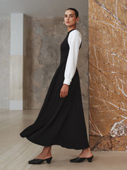 Contrast-Sleeve Pleated Midi Dress