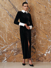 Contrast Panel Slit Long Sleeve Velvet Maxi Dress