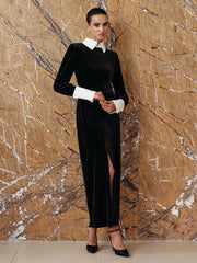 Contrast Panel Slit Long Sleeve Velvet Maxi Dress