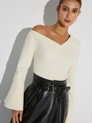 Asymmetric Off-Shoulder Bell-Sleeve Top