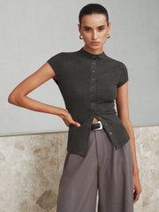 Mock Neck Cap-Sleeve Button T-Shirt