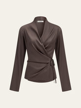 Satin Wrap-Front Long-Sleeve Top