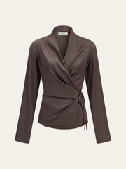 Satin Wrap-Front Long-Sleeve Top