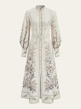 Floral Print Stand Collar Belted Midi Dress