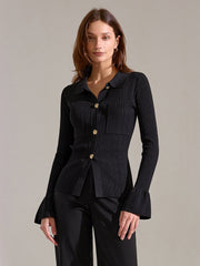 Bell Sleeve Ribbed Knit Polo Top