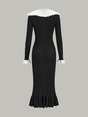 Contrast Ruffled Collar Knit Midi Dress