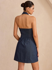 Denim Metal Detail Halter Neck Mini Dress