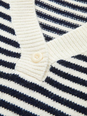 Striped V-Neck Buttoned Wool Blend Sweater
