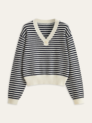 Striped V-Neck Buttoned Wool Blend Sweater