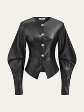 Metal Button Puffed Sleeve PU Leather Jacket