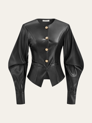 Metal Button Puffed Sleeve PU Leather Jacket