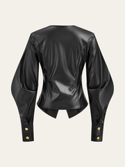 Metal Button Puffed Sleeve PU Leather Jacket