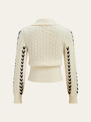 Contrast Stitched Cable Knit Polo Sweater