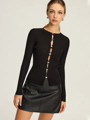 Metal Detail Cut-Out Ribbed Knit Top