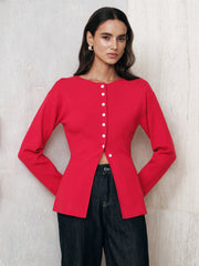 Button-Front Long Sleeve Knit Top