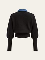 Wool Blend Denim Collar Puff Sleeve Cardigan