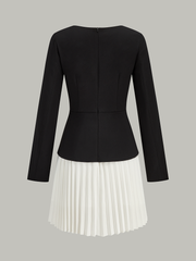 Long Sleeve Color-Block Pleated Dress