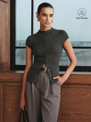 Mock Neck Cap-Sleeve Button T-Shirt