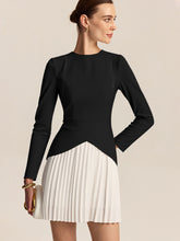 Long Sleeve Color-Block Pleated Dress